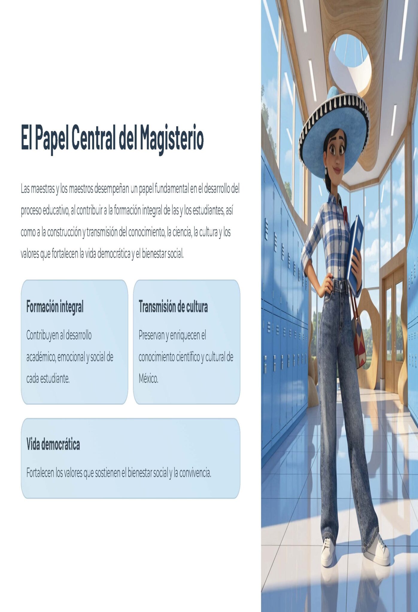 Guía de Apoyo Promoción Vertical Función Directiva en Educación Especial - USICAMM 2026 - 2027 + (Simulador 90 Reactivos) 9 Una ilustración digital de una estudiante sonriente con sombrero en el pasillo de una escuela. Junto a ella, un texto en español explica las funciones clave de los profesores en la educación, la cultura y la democracia, con secciones resaltadas en recuadros azules.