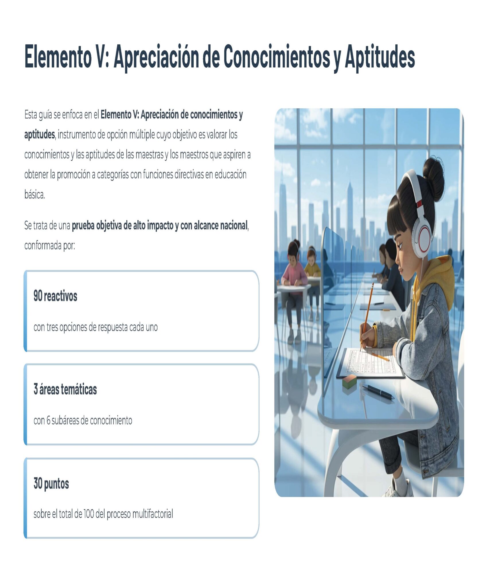 Guía de Apoyo Promoción Vertical Función Directiva en Educación Especial - USICAMM 2026 - 2027 + (Simulador 90 Reactivos) 10 Una chica con auriculares está sentada en un pupitre, escribiendo en un cuaderno con una tableta digital, mientras otros alumnos trabajan en un aula moderna. A la izquierda, un gráfico resume los puntos clave del "Elemento V: Apreciación de Conocimientos y Aptitudes".