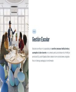 Guía de Apoyo Promoción Vertical Función Directiva en Educación Especial - USICAMM 2026 - 2027 + (Simulador 90 Reactivos) 16 Un hombre presenta a cuatro personas sentadas alrededor de una mesa en una sala moderna y bien iluminada. A la derecha, texto en español:
