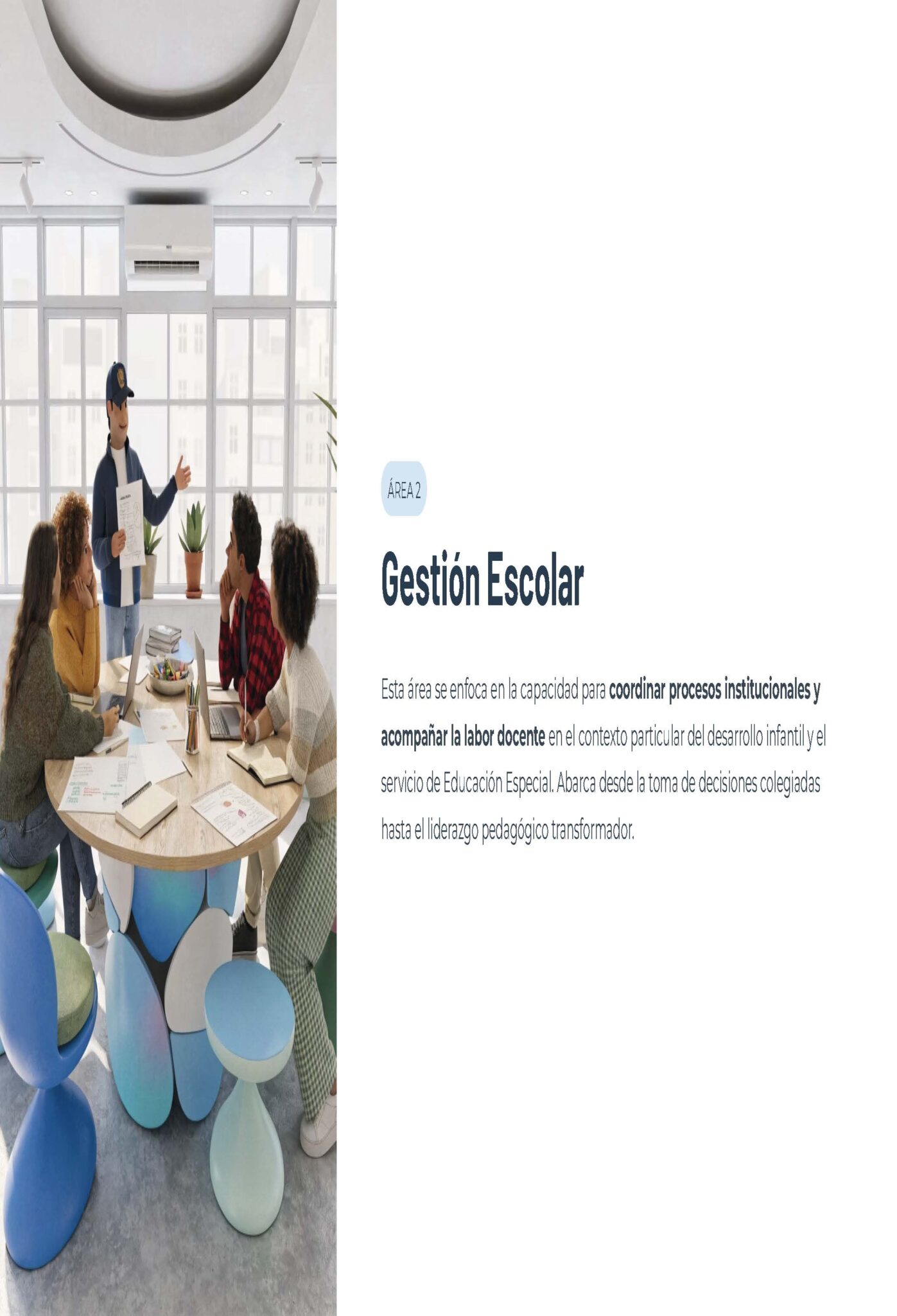 Guía de Apoyo Promoción Vertical Función Directiva en Educación Especial - USICAMM 2026 - 2027 + (Simulador 90 Reactivos) 4 Un hombre presenta a cuatro personas sentadas alrededor de una mesa en una sala moderna y bien iluminada. A la derecha, texto en español: "Gestión Escolar" con una descripción sobre la coordinación de la gestión escolar y el apoyo al personal docente.