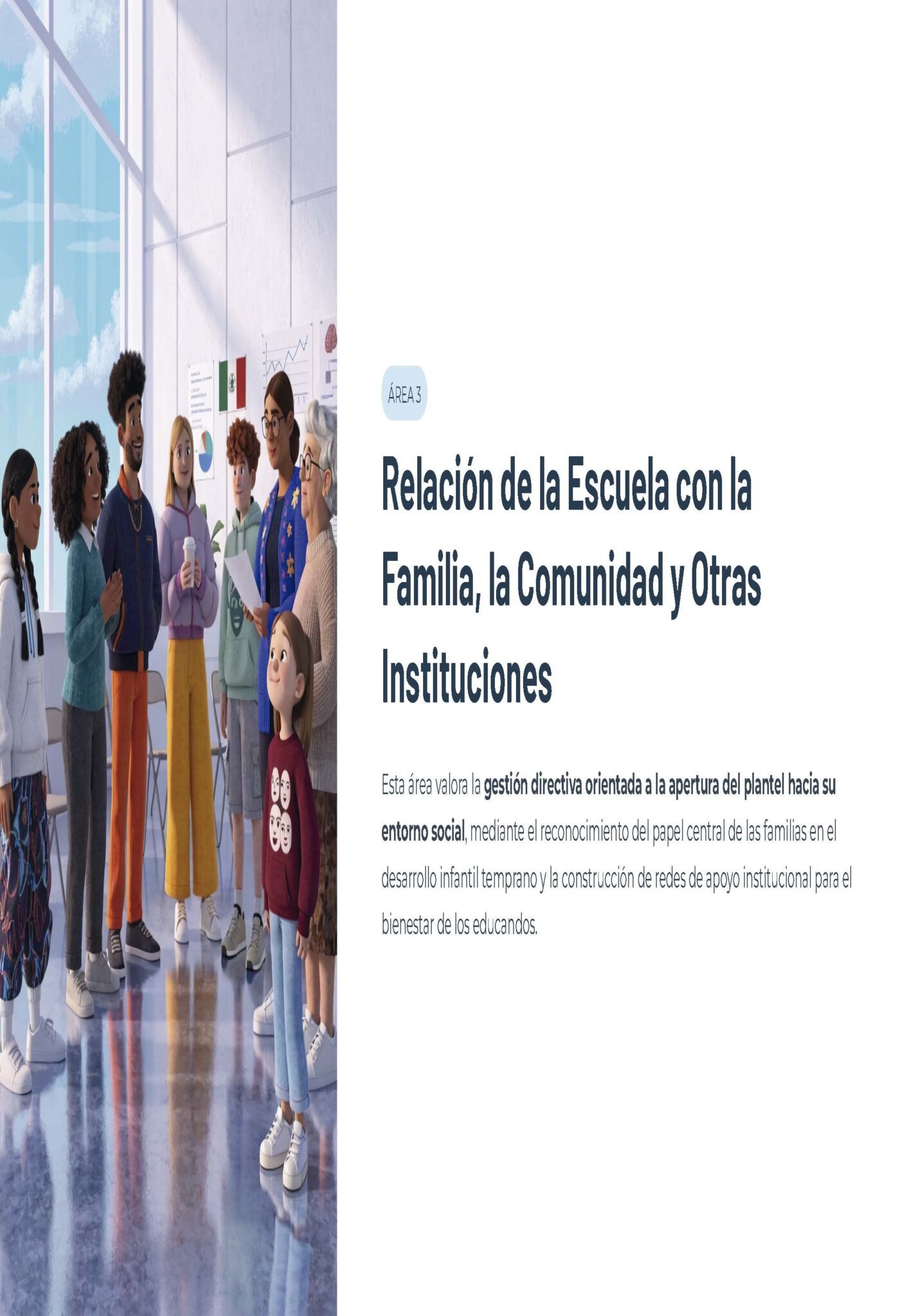 Guía de Apoyo Promoción Vertical Función Directiva en Educación Especial - USICAMM 2026 - 2027 + (Simulador 90 Reactivos) 7 Un grupo diverso de adultos y niños permanecen juntos en una sala muy iluminada junto a un tablero de presentación, con un texto sobre la relación entre escuelas, familias, comunidades e instituciones a la derecha.
