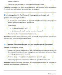 Documento educativo en español con viñetas, ejercicios y notas sobre el uso de herramientas de IA en la enseñanza, incluida la narración digital y la creación de imágenes con IA. La página está etiquetada como 