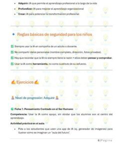 Página educativa en español con iconos de colores y secciones sobre la IA en el desarrollo profesional, normas básicas de seguridad para los niños, ejercicios y una tabla de niveles de progreso. El texto está organizado con marcas de verificación y viñetas.