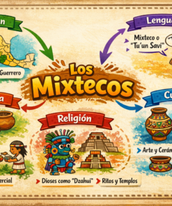Infografía sobre los mixtecos, que muestra su ubicación en Oaxaca, Puebla y Guerrero, su lengua mixteca, economía, religión y cultura, con coloridas ilustraciones y categorías etiquetadas.