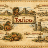 Mapas Mentales Culturas Mesoamericanas 7 Infografía sobre los toltecas que muestra su ubicación, historia, sociedad, religión, legado y arte con ilustraciones de pirámides, estatuas, artefactos y figuras tradicionales sobre un fondo de estilo pergamino.