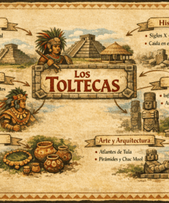 Infografía sobre los toltecas que muestra su ubicación, historia, sociedad, religión, legado y arte con ilustraciones de pirámides, estatuas, artefactos y figuras tradicionales sobre un fondo de estilo pergamino.