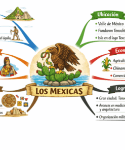 Colorida infografía sobre los Mexicas, con un águila sobre un nopal en el centro, con secciones que describen su origen, organización, cultura, ubicación, economía y logros, utilizando texto e ilustraciones relevantes.