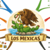 Ilustración de un águila que sostiene una serpiente en el pico y la garra, posada en un cactus sobre una roca rodeada de agua. Debajo, una pancarta con el texto 