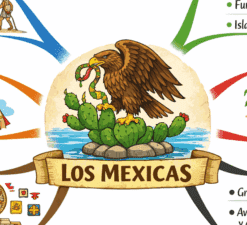 Ilustración de un águila que sostiene una serpiente en el pico y la garra, posada en un cactus sobre una roca rodeada de agua. Debajo, una pancarta con el texto 