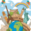 Ilustración de monumentos famosos del mundo, como la Torre Eiffel, la Estatua de la Libertad y la Gran Muralla China, detrás de un globo terráqueo. Tres niños sonrientes se toman de la mano al frente, con globos, palomas y un arcoíris en lo alto. El texto dice: 