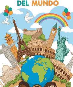 Ilustración de monumentos famosos del mundo, como la Torre Eiffel, la Estatua de la Libertad y la Gran Muralla China, detrás de un globo terráqueo. Tres niños sonrientes se toman de la mano al frente, con globos, palomas y un arcoíris en lo alto. El texto dice: 
